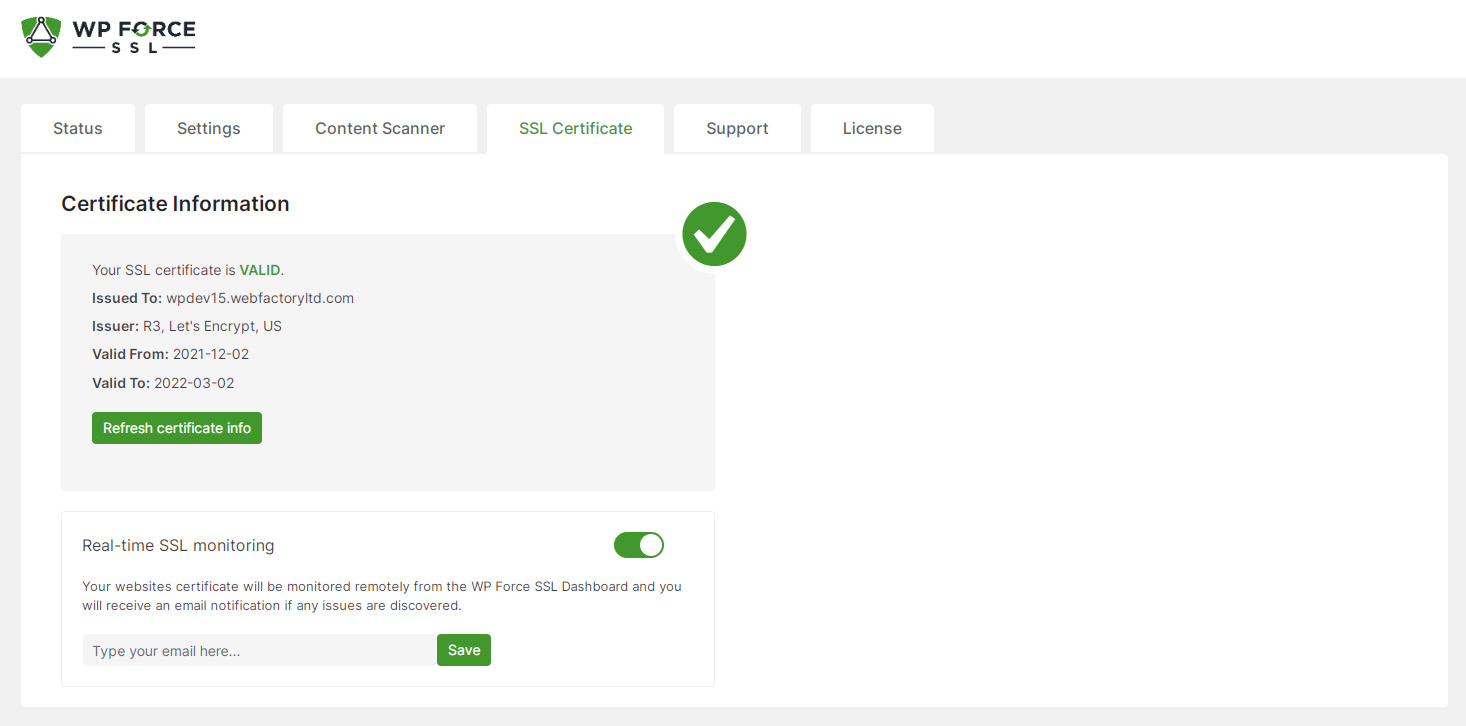 WP Force SSL certificate details