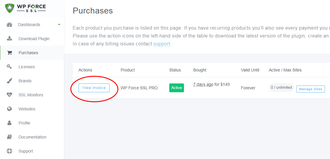 WP Force SSL invoice