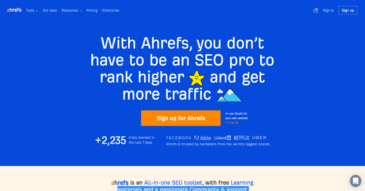 Ahrefs landing page