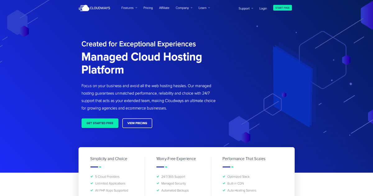 CloudWays landing page layout