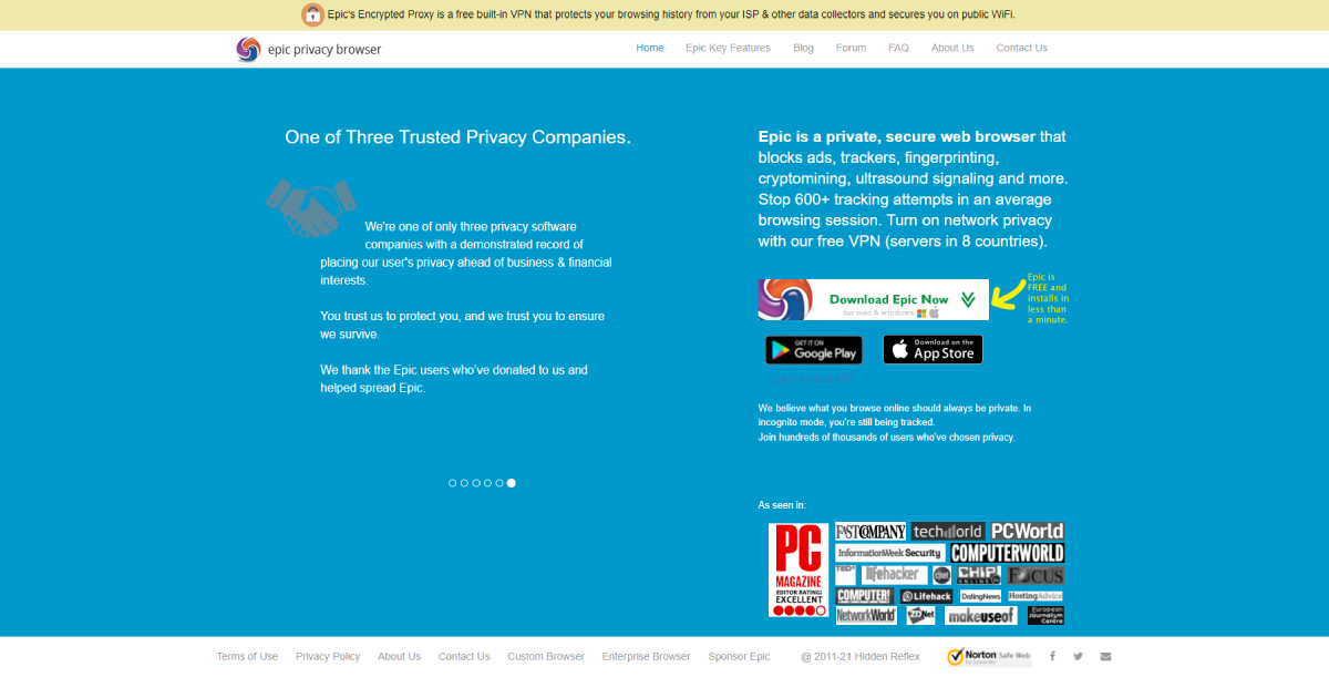 Epic Privacy Browser landing page