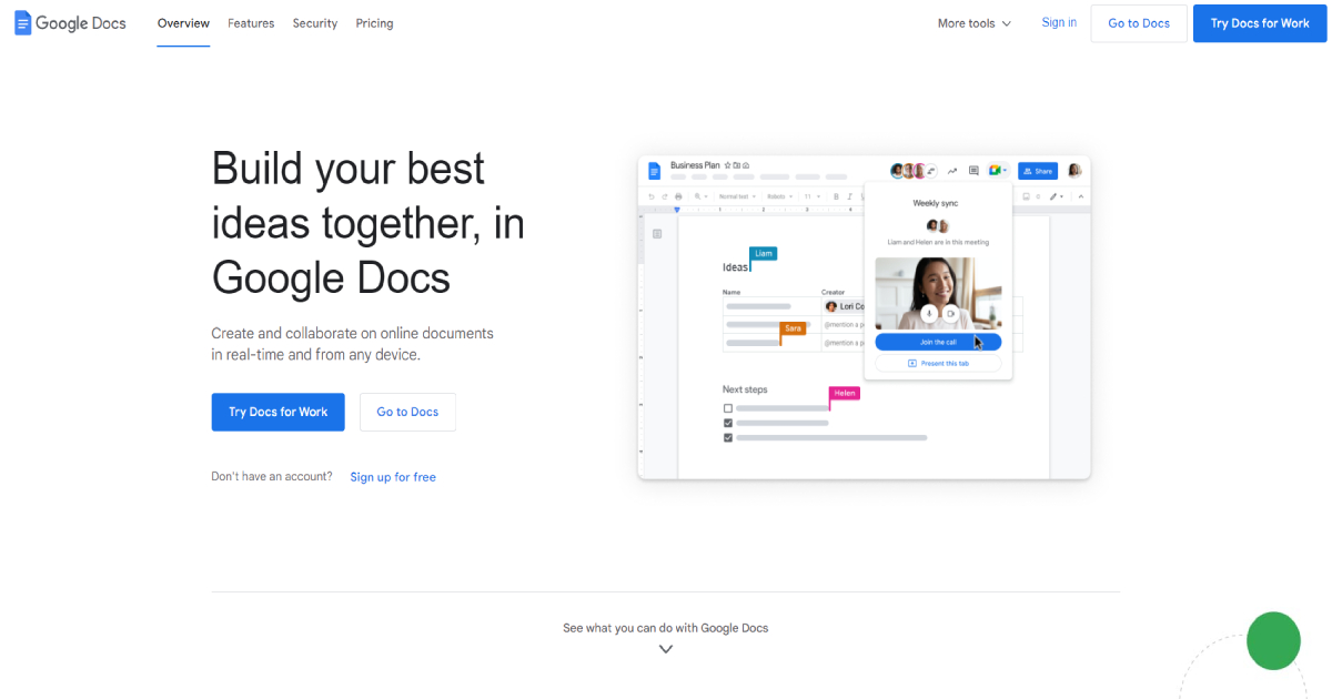 Google Docs landing page