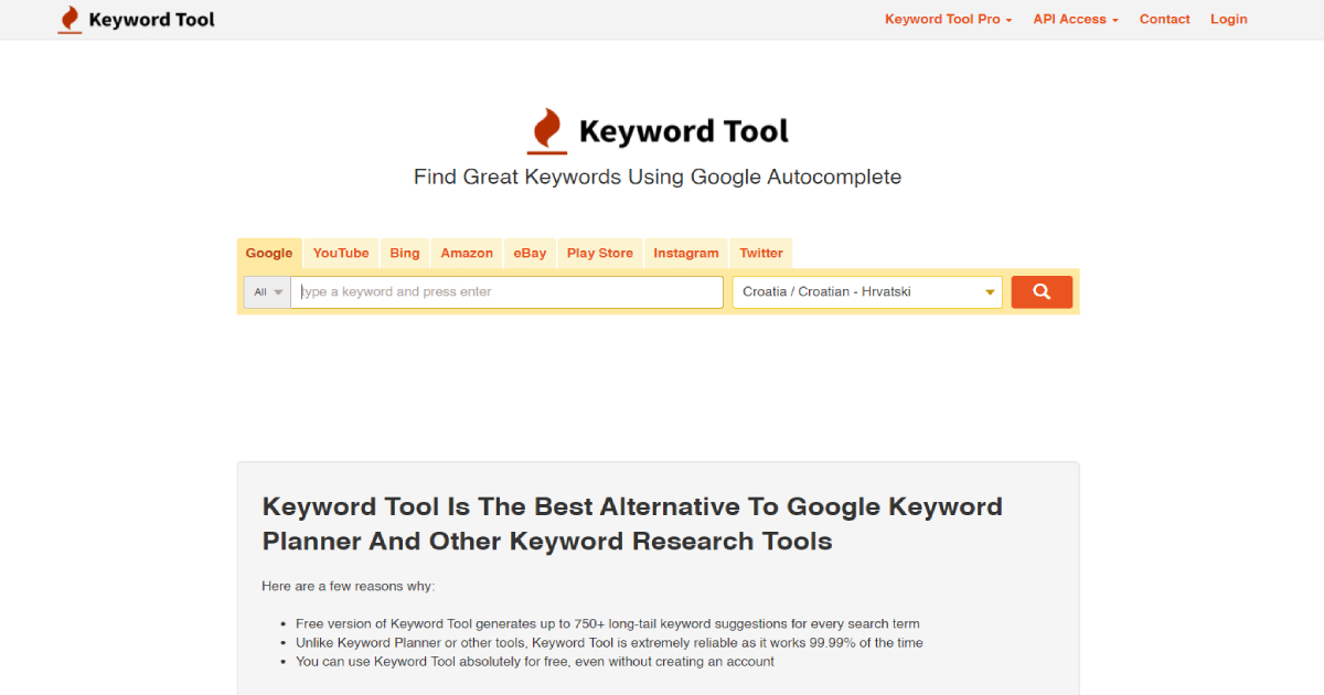 Keyword Tool landing page