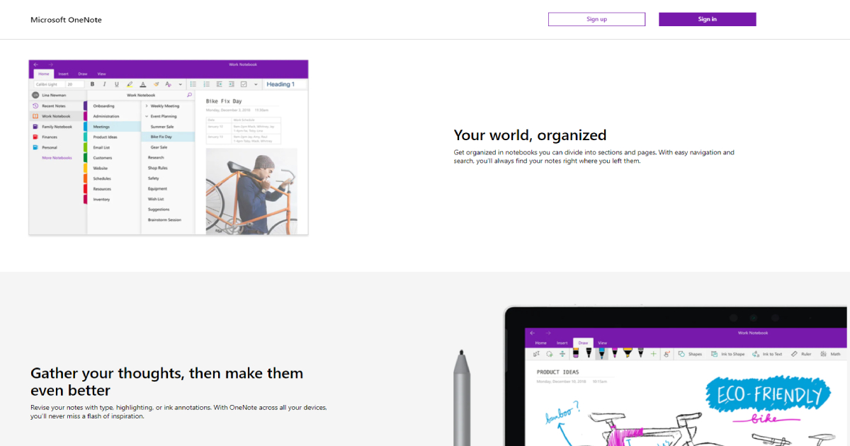 Microsoft OneNote landing page