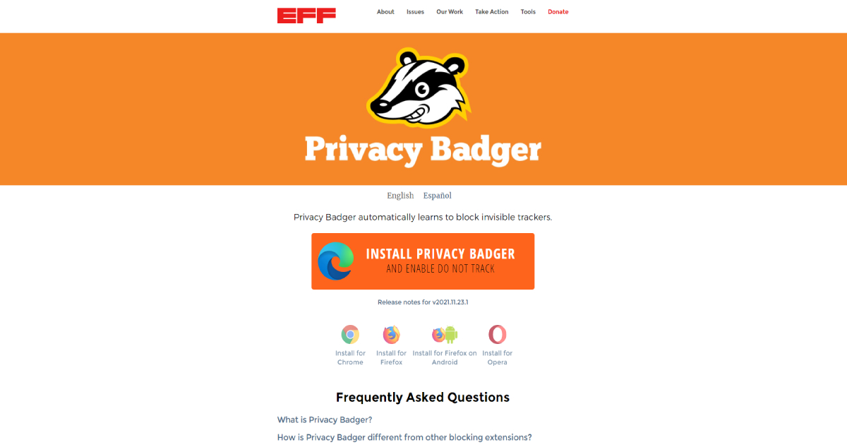 Privacy Badger landing page