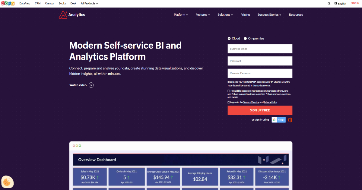 Zoho Analytics landing page