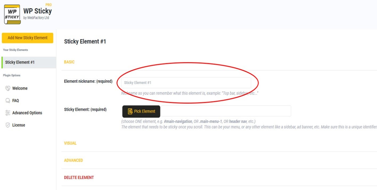 WP Sticky element nickname