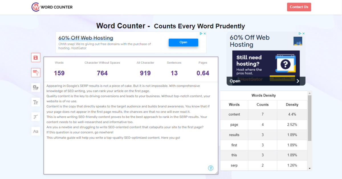 Word Counter landing page layout
