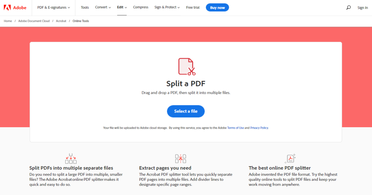 Adobe Split PDF landing page