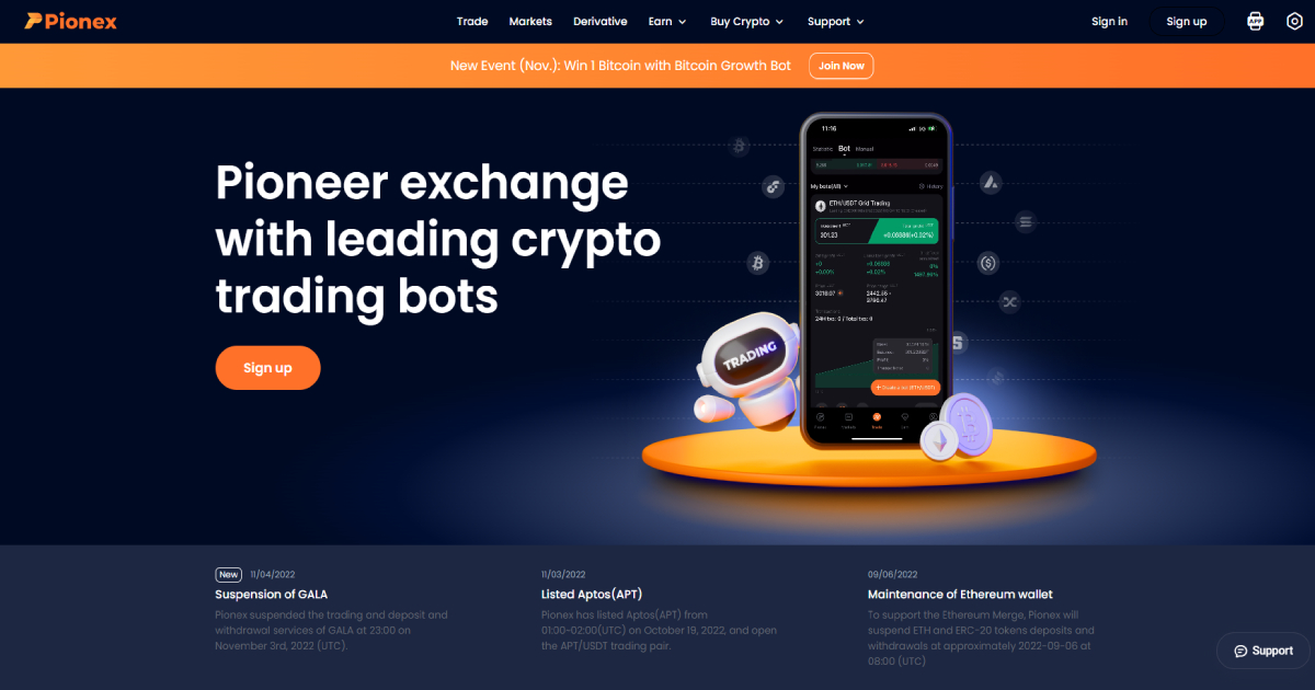 Pionex landing page