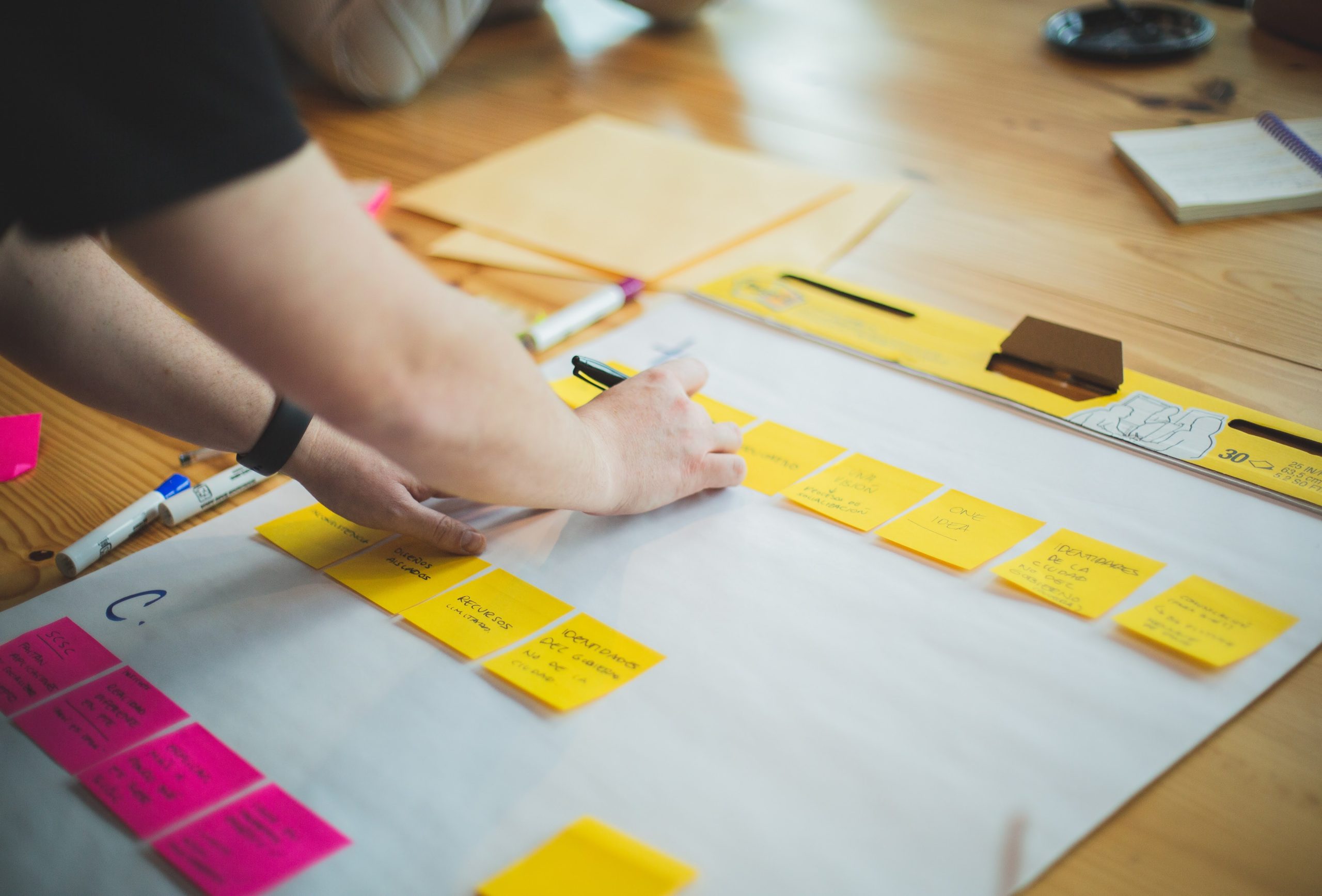 Person writing on sticky notes 